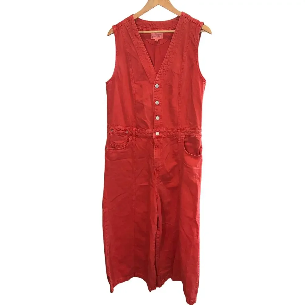 Universal Thread Red Cropped Sleeveless Wide Leg Denim Jumpsuit Size 14